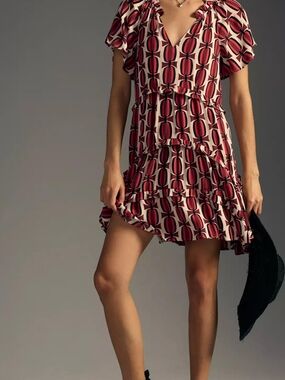 Anthropologie Red & Cream Geometric Ruffle Mini Dress